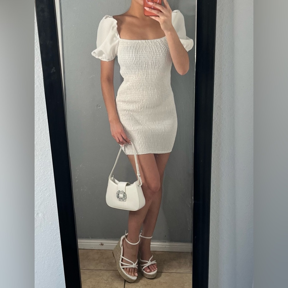Romantic White Smocked Puff Sleeve Mini Dress Bridal Euro Summer Cottagecore - 6
